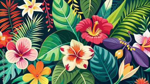 Vibrant tropical blossom pattern, hibiscus, orchid, frangipani mix, lush foliage border, paper cut floral illustration, botanical summer card, decorative vector design, paradise jungle vibes, exotic