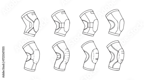 Detailed line art illustrations of protective knee pads in various angled views vector