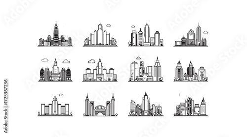 Cityscape silhouette collection iconic buildings and landmarks in a minimalist outline style vector