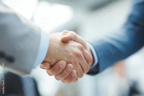 Close-up of two professionals shaking hands in a modern office environment, symbolizing agreement, partnership and trust, with a softly blurred business background and natural light.