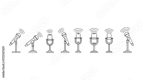 Retro dynamic microphones displayed in a line with sound waves flowing outward vector