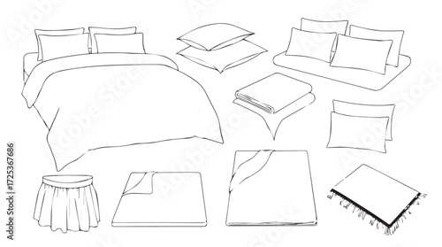 Hand drawn sketch of various bedding items including pillows sheets comforters and duvets vector