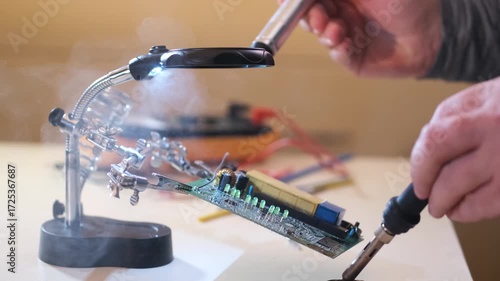 Close-up of hands soldering a printed circuit board with a soldering iron in a workshop. Concept of electronics repair, technology, DIY, and microchip maintenance.