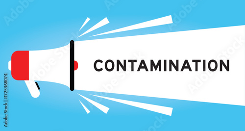 Color megaphone icon with word contamination in white banner on blue background