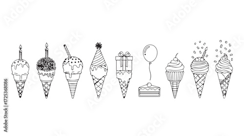 Hand drawn ice cream cones collection sketch style artistic dessert treats variety line art vector