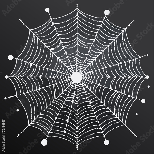 Vector illustration of a detailed spider web with water droplets on a dark background.