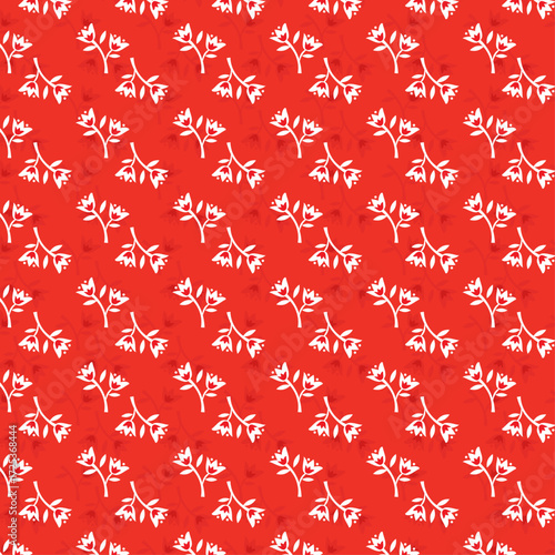 A striking seamless pattern featuring beautiful white flowers blooming vividly against a rich, bold red background. The blossoms are delicately detailed with soft petals and subtle shading.