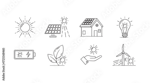 Set of renewable energy icons representing solar power nature and sustainable solutions vector