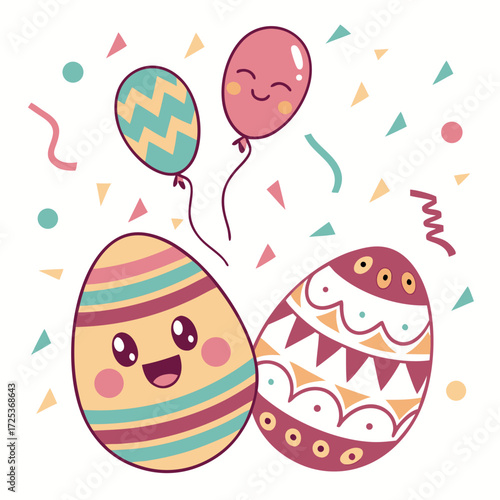 Delightful Easter Celebration with Cheerful Eggs and Balloons, Perfect for Holiday Greetings and Festive Designs for Kids, Families, and Spring Events