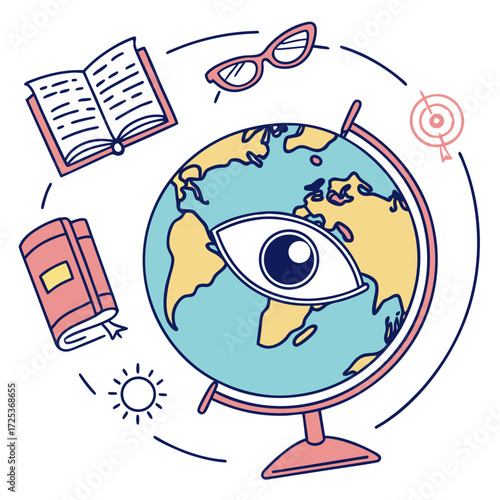 Explore the World of Knowledge and Vision with a Globe, Books, Glasses, and Eye Symbol, Perfect for Education, Travel, and Global Awareness Projects