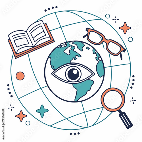 Explore the World of Knowledge with Global Vision and Insightful Discovery, Featuring a Book, Magnifying Glass, and Eye on the World, Perfect for Education