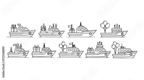 Collection of hand-drawn ship silhouettes featuring different vessels for maritime transport and travel vector