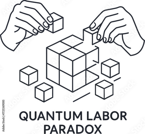 Worker Hands Building and Dismantling Cube – Quantum Labor Paradox Minimal Line Art