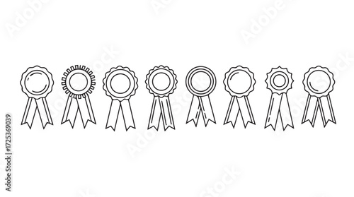 Collection of seven hand-drawn award ribbons featuring different rosette styles and hanging tails vector