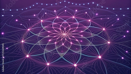 Abstract geometric fractal mandala with glowing pink and purple lights