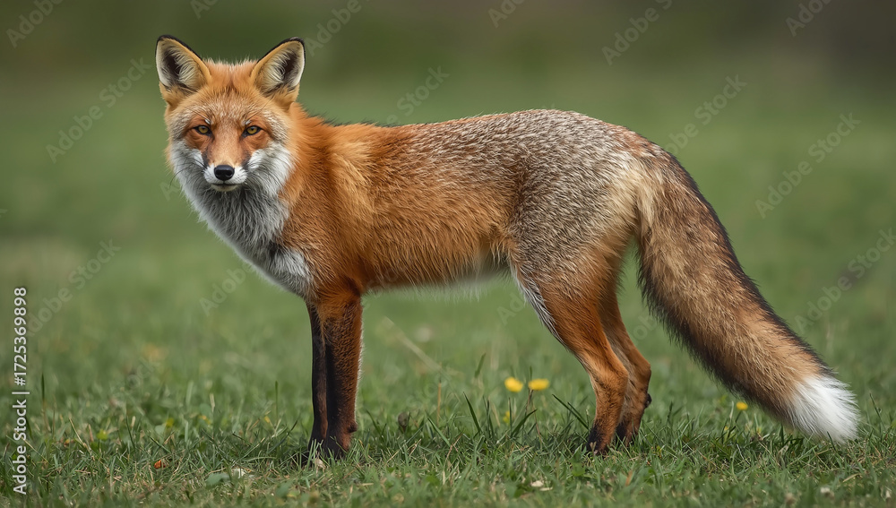 Fototapeta premium Close-Up of a Red Fox Standing on Grass, Looking Directly at the Camera