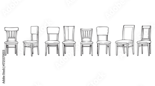Collection of vintage wooden chairs lined up in a row artistic sketch style vector
