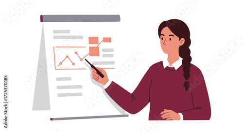 Professional businesswoman presenting financial data charts on a flip chart, sharing insights during business meeting or conference