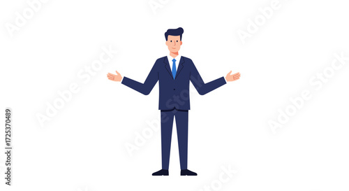 Confident businessman presenting with open arms, welcoming opportunities and ideas in professional setting, ready to collaborate