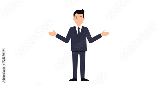 Professional businessman gesturing with open arms, welcoming opportunity or presenting an idea, perfect for business presentations and marketing