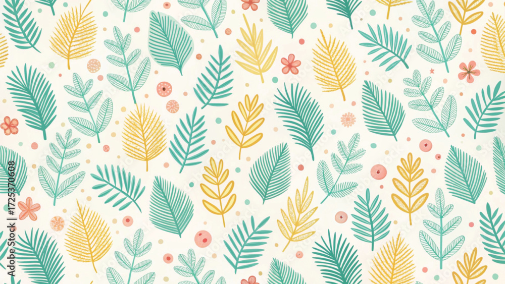 Naklejka premium Seamless pattern, childlike doodle watercolor style, messy green scribble pine leaves background 