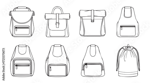 Collection of backpack styles various designs and shapes presented in artistic sketch line art vector