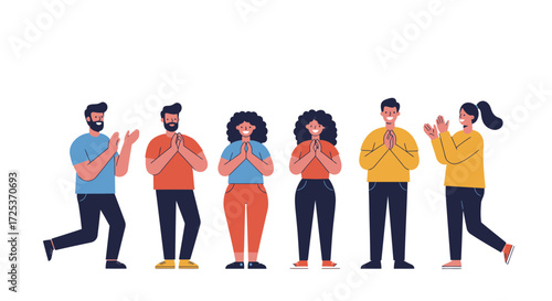 Diverse group of people celebrating success with clapping and gratitude, showcasing positive emotions and teamwork in a modern, inclusive style.