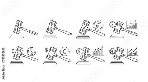 Gavel icons set representing legal decisions business growth financial trends and justice concepts vector