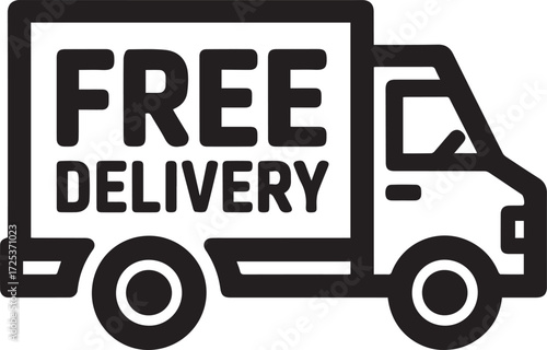 Black and white line art icon of a delivery truck with text free delivery transportation logistics