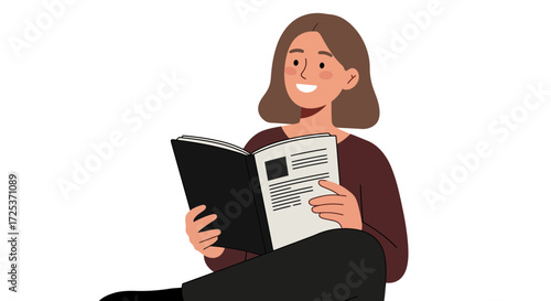 Smiling woman enjoys reading a book, perfect for lifestyle blogs, book clubs, or educational materials. Simple design and easy to use in a variety of designs.