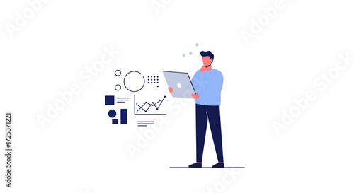 Thoughtful analyst examines data on laptop, visualizing trends and insights for strategic business decisions, reflecting on market data for better results