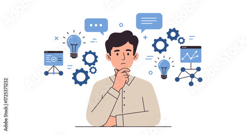 Thoughtful man brainstorming creative ideas with gears, lightbulbs, and data graphs, visualizing innovative solutions for business growth and strategic problem solving