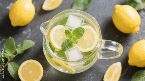 Natural wellness drink with fresh lemons, ice and mint promoting hydration, digestion, detox and immunity strengthening