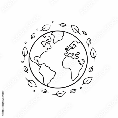 Minimalist doodle illustration of the world wrapped in a wreath of leaves, symbolizing a green planet and sustainability