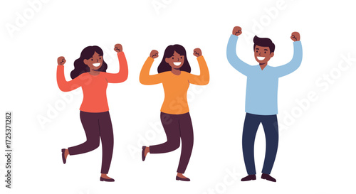 Diverse team celebrating a win, ecstatic colleagues with arms raised cheering, joyful business success, teamwork triumph, modern office vibes, happiness