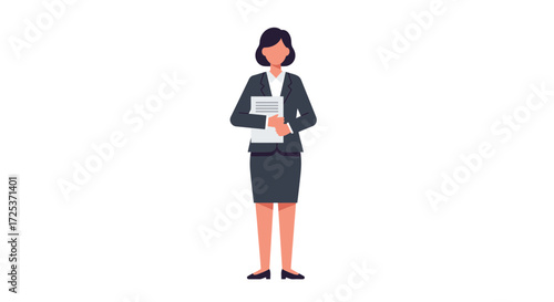 Professional businesswoman holding documents ready for presentation or review, suitable for corporate communications and business reports with confident style