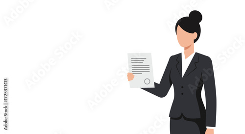 Professional businesswoman presenting contract, showcasing legal agreement details, ideal for corporate communications, business presentations, and formal proposals