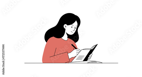 Focused young woman writing in her journal, capturing thoughts and ideas, perfect for lifestyle, personal growth, and creative content, originally a scalable graphic