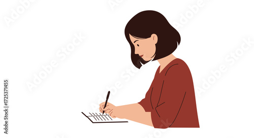 Focused woman writing notes in a journal, capturing ideas and insights, perfect for productivity, creativity, or personal development concepts
