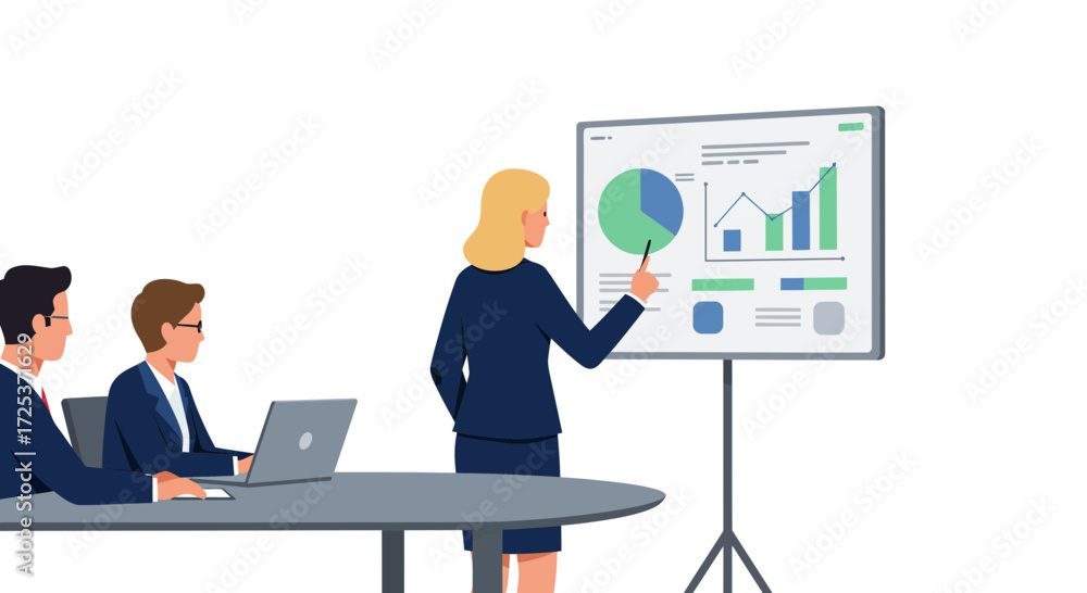 Fototapeta premium Professional business team reviewing financial graphs and charts during presentation, fostering collaboration and strategic planning for future growth in meeting