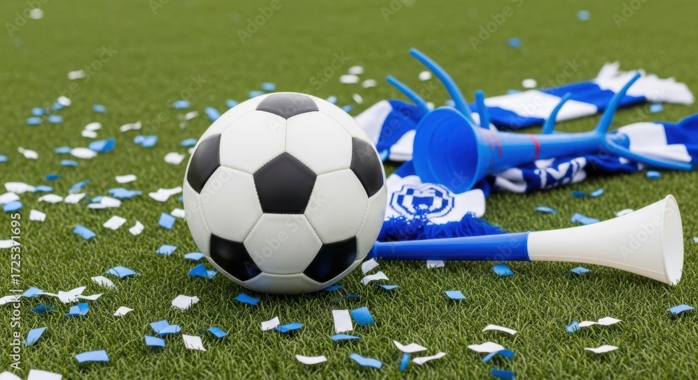 Naklejka premium Soccer ball on green grass with blue and white fan scarf, horn, and confetti, symbolizing sportsmanship and team spirit