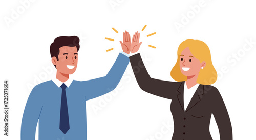 Dynamic business team giving high five celebrating a successful project, fostering collaboration and success in a modern workplace, vector illustration