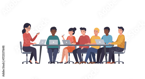 Dynamic team collaborating on laptops during engaging presentation, diverse group brainstorming innovative ideas in modern office, fueling teamwork and growth