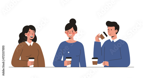 Diverse team enjoying coffee break, fostering collaboration and positive work culture, perfect for corporate communications, vector illustration, teamwork