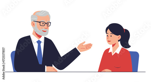 Dynamic business meeting featuring experienced senior executive and younger professional woman, ideal for mentoring, collaboration and career growth concepts