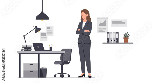 Successful businesswoman in modern office ready for new opportunities, leadership and professional growth, confident and ambitious career woman in workplace