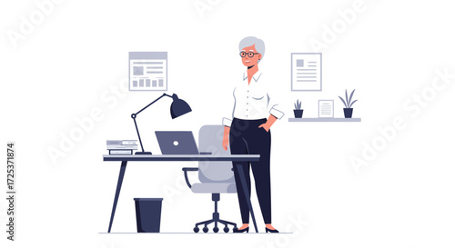 Confident businesswoman stands in her modern office, ready to lead and inspire, showcasing her expertise and success, perfect for business and leadership content