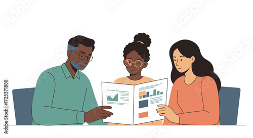 Diverse family analyzing financial data together, planning investments, showing multigenerational wealth strategy, modern vector style, financial future