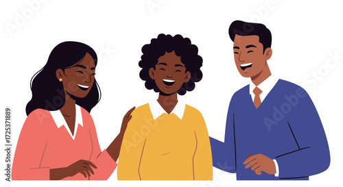 Cheerful diverse colleagues embracing positivity and support, fostering inclusivity and teamwork in a modern setting, symbolizing unity and collaboration