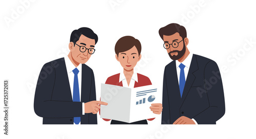 Dynamic team reviewing financial data for strategic growth, fostering collaboration and data driven decisions in modern business setting, originally vector